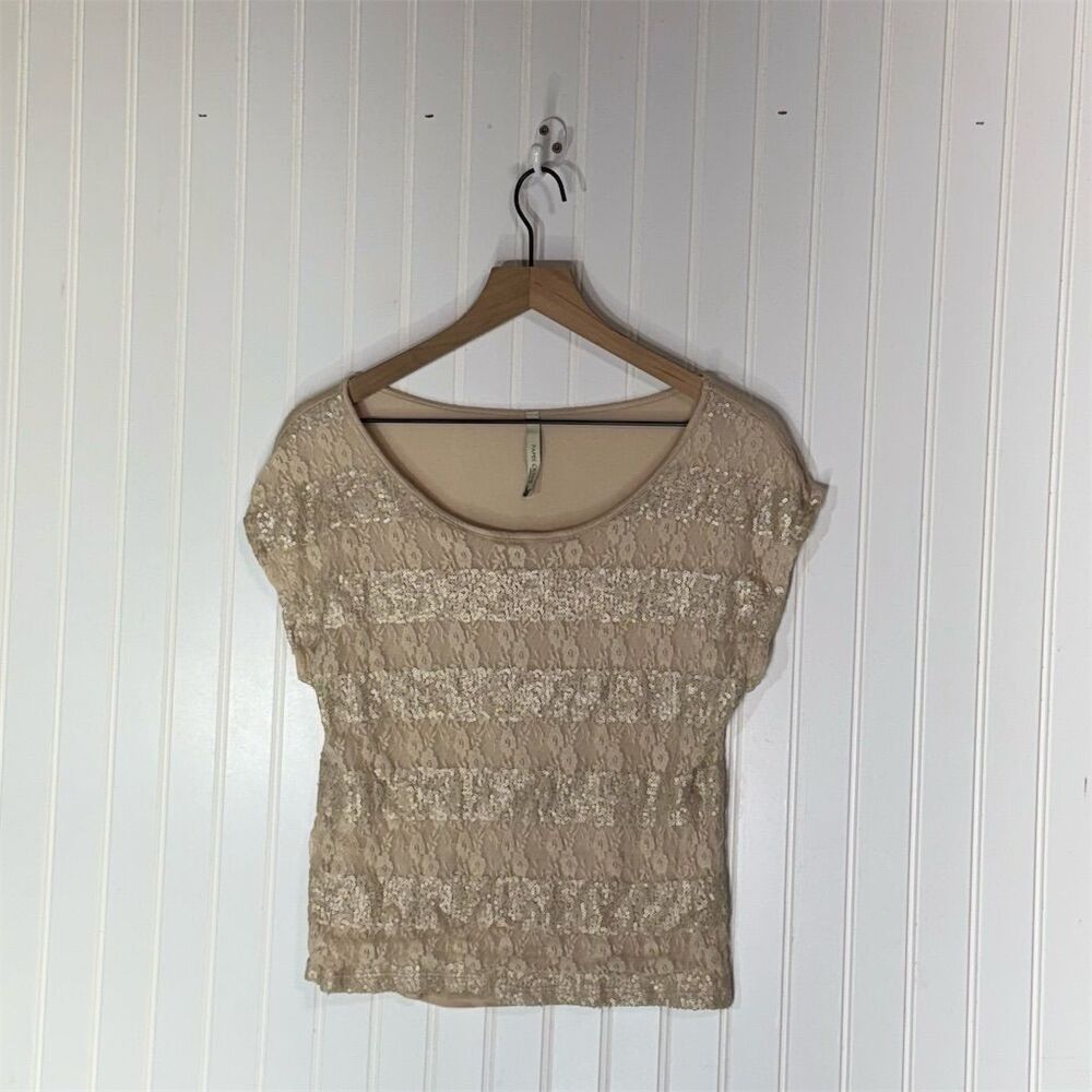 Paper Crane Beige Sequin Lace Top Sz M Made in USA Boho Chic Festival Layering